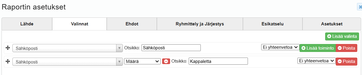 Kuvakaappaus ohjelmiston käyttöliittymästä raportin asetuksia varten, jossa on tehty sähköpostille perusvalinta ja määrävalinta.