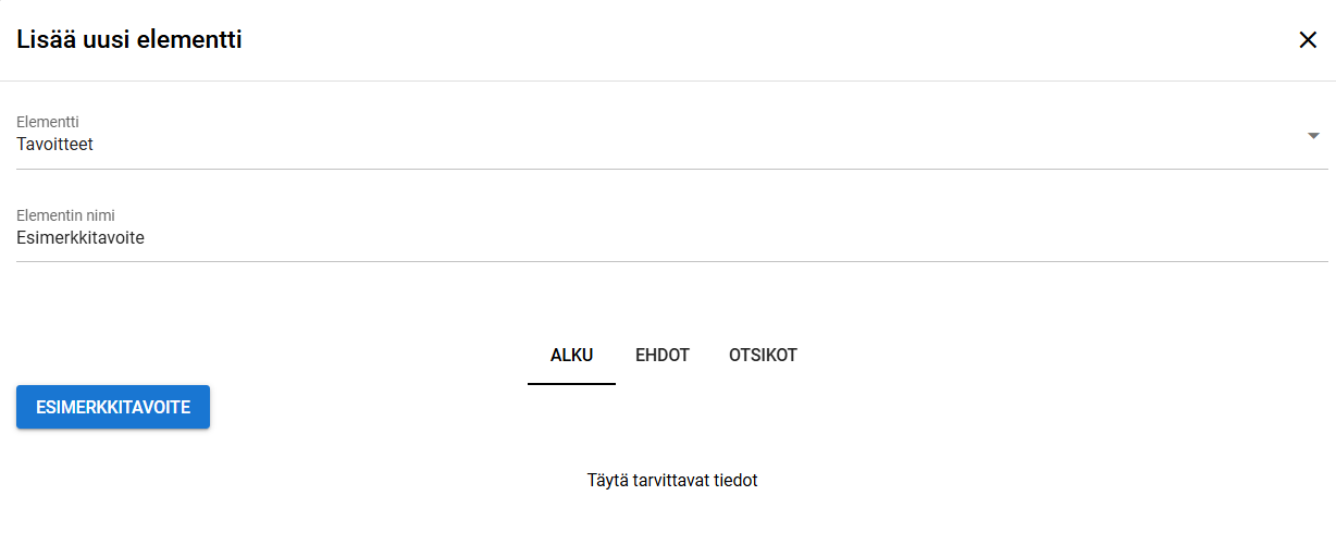 Kuvakaappaus käyttöliittymästä, jolla lisätään uusi elementti ja jossa on kentät 'Elementti' ja 'Elementin otsikko'.