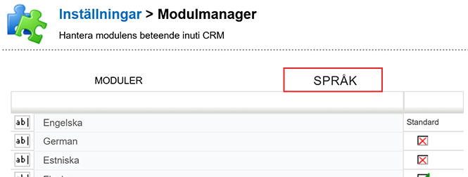 Skärmdump av en inställningssida med ett gränssnitt för ”Modulmanager” som visar en lista över språkmoduler med växlingsalternativ.