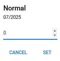 UI screenshot showing a date selection dialogue with 'Normal' label, date '07/2025', a numeric input set to '0', and 'CANCEL' 'SET' buttons.