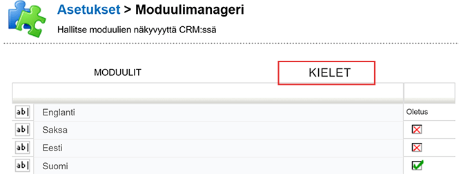 Kuvakaappaus asetussivusta, jossa on ”Moduulimanageri” -käyttöliittymä, jossa on luettelo kielimoduuleista ja vaihtovaihtoehdoista.