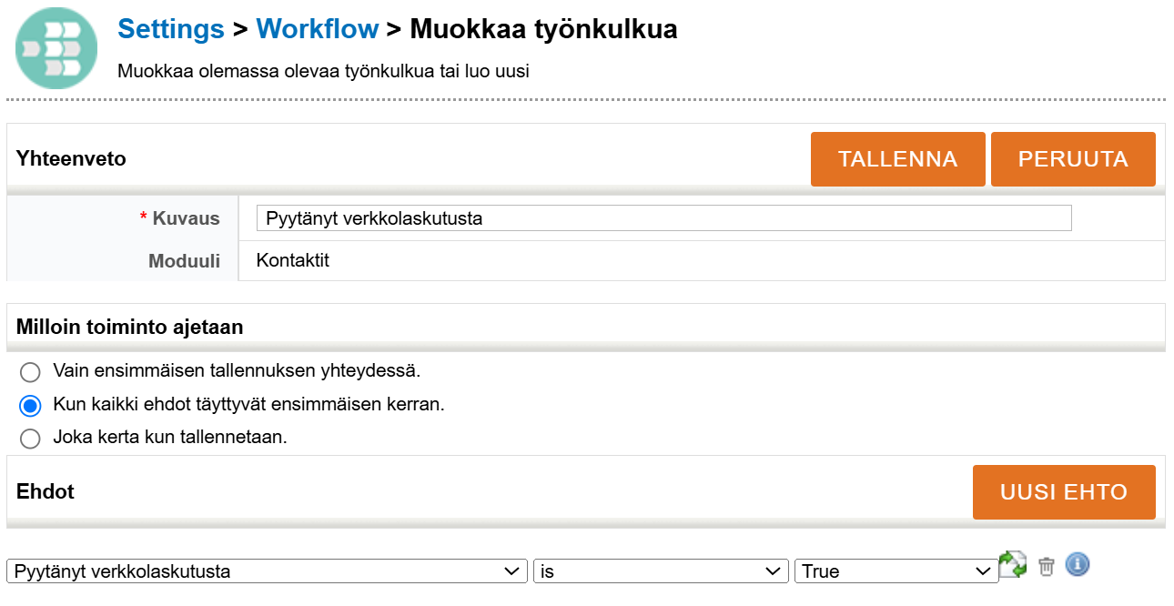 Kuvakaappaus työnkulun muokkauskäyttöliittymästä, jossa on mahdollisuus tallentaa tai peruuttaa muutokset.