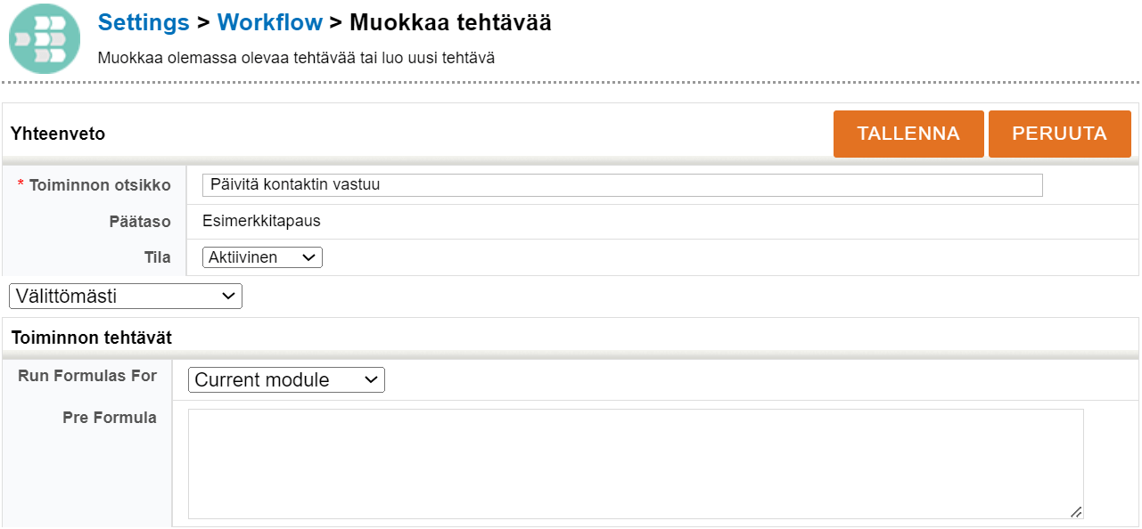 Kuvakaappaus työnkulun määrityssivusta, jossa on osiot yhteenvedolle, käynnistyksen ajoitukselle ja tehtävätoiminnoille.