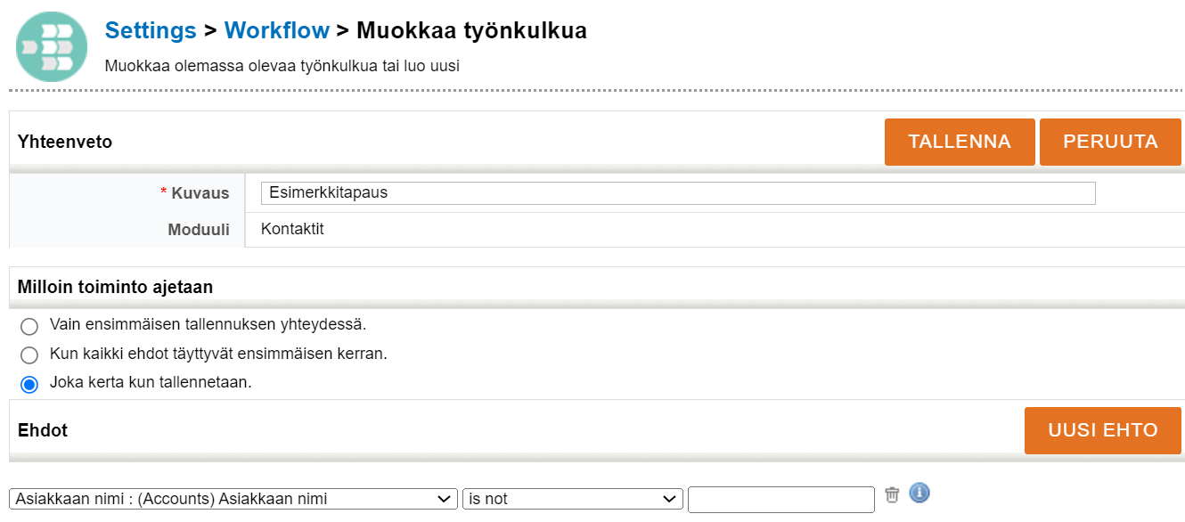 Kuvakaappaus työnkulun asetussivusta, jossa on vaihtoehtoja ehtojen ja suoritusperusteiden asettamiseen.