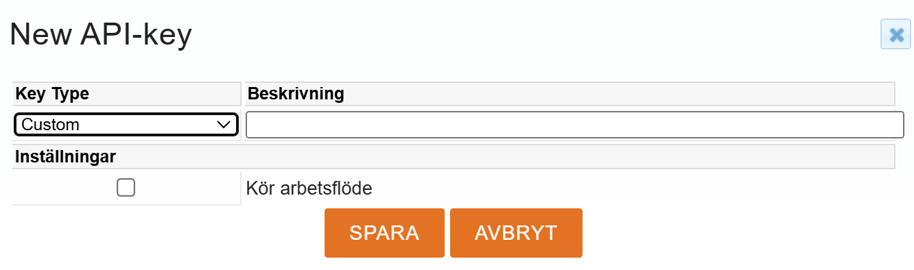 Dialogruta för att skapa en ny API-nyckel med fält för nyckeltyp, beskrivning, inställningar och knappar för spara/avbryt.