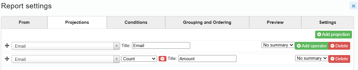 Screenshot of the software interface for the report settings, with basic and quantity selection for the email.
