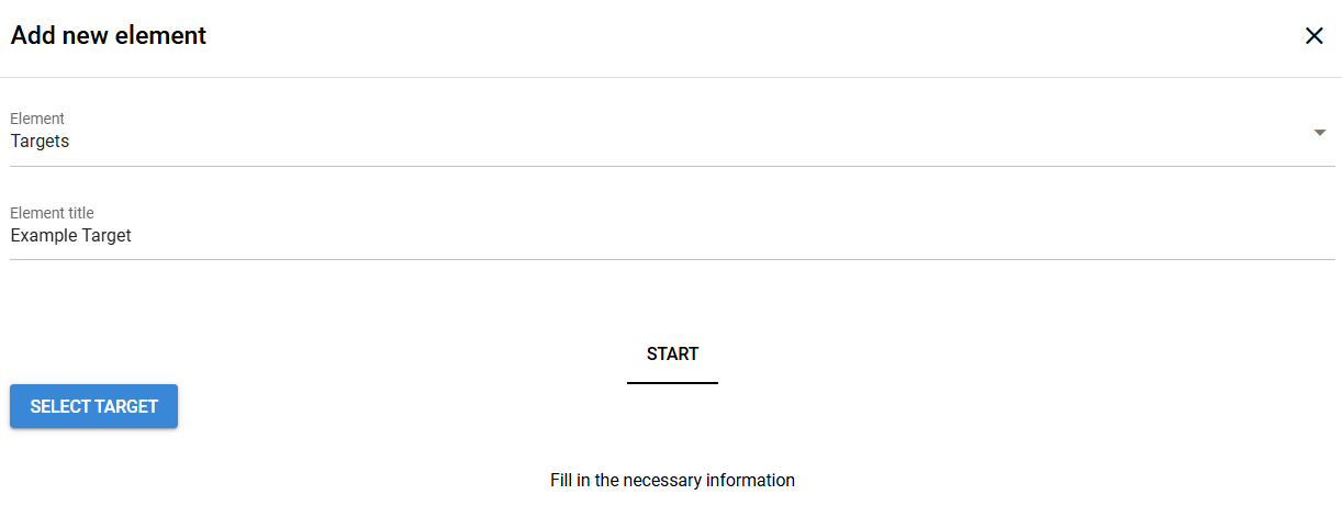 Screenshot of a user interface for adding a new element titled "Example Target" with a "SELECT TARGET" button.