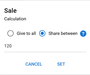 Sale calculation screen with options: Give to all, Share between, and number input 120, with Cancel and Set buttons.