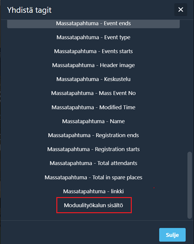 Ohjelmiston käyttöliittymä, jossa on luettelo 'Yhdistä tagit' ja yhteystietoihin liittyviä vaihtoehtoja.