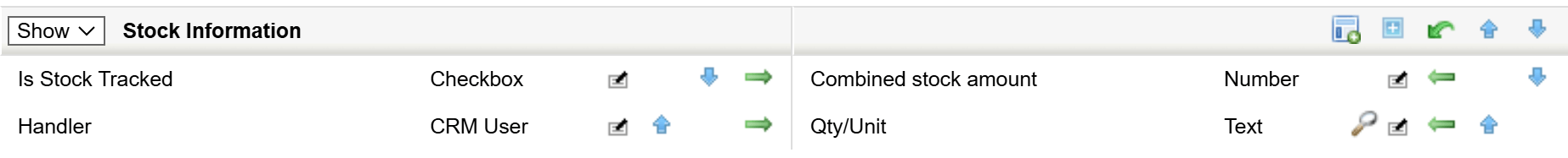 Screenshot of a software interface showing stock information fields with icons for input types.