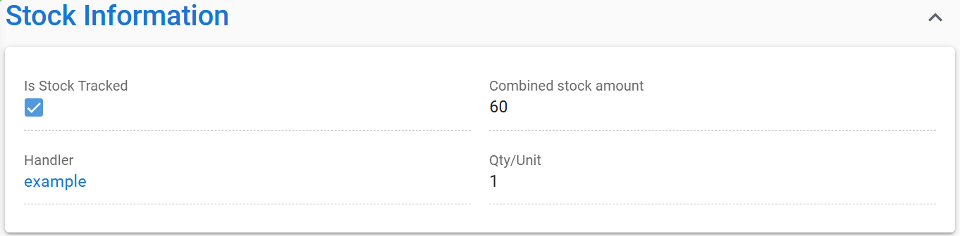 Screenshot of a 'Stock Information' interface with tracked stock status, handler name, and quantities.