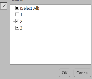 Dialog box with a list of numbers 1 to 3 and options to 'Select All', 'OK', and 'Cancel'.