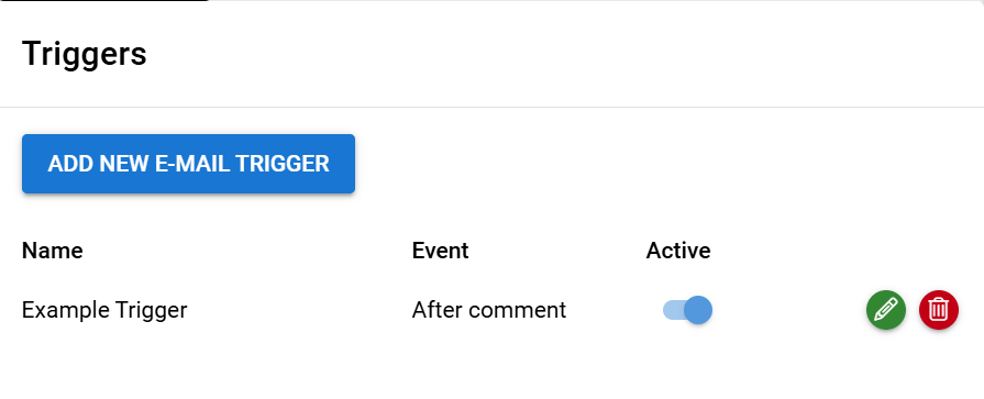 User interface for email triggers showing a button, a sample trigger, and toggle switches.
