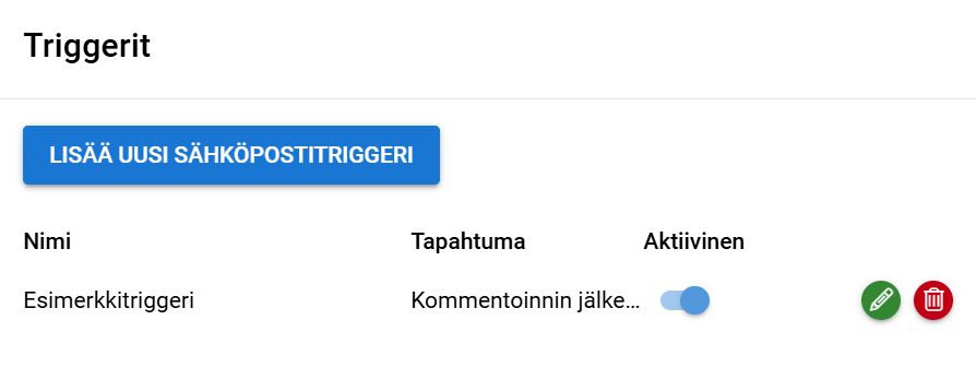 Sähköpostilaukaisimien käyttöliittymä, jossa näkyy painike, esimerkkitriggeri ja vaihtokytkimet.