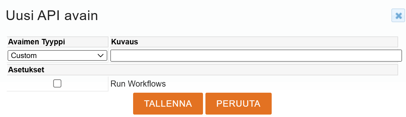 Uuden API-avaimen luomiseen tarkoitettu valintaikkuna, jossa on kentät avaintyypille, kuvaukselle, asetuksille ja Tallenna/peruuta-painikkeille.