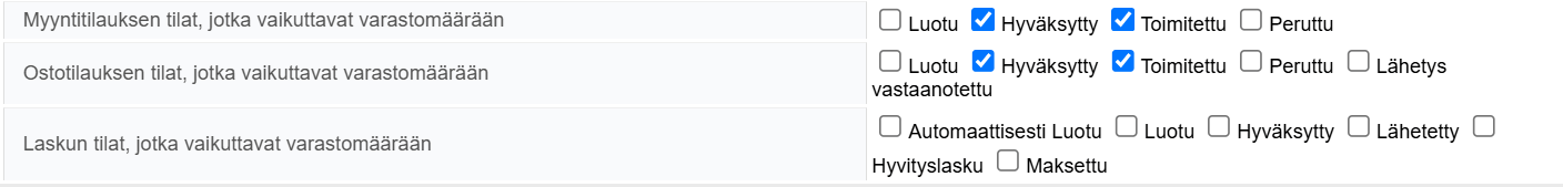 Ohjelmiston käyttöliittymä, jossa näytetään valintaruudut tuotevarastoihin vaikuttavia myynnin, ostotilausten ja laskujen eri tiloja varten.