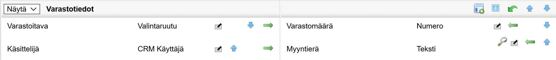 Kuvakaappaus ohjelmiston käyttöliittymästä, jossa on varastotietokentät ja syöttötyyppien kuvakkeet.