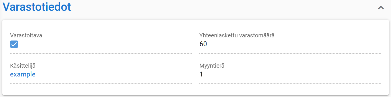 Kuvakaappaus ”Varastotiedot”-käyttöliittymästä, jossa seurataan varastotilaa, käsittelijän nimeä ja määriä.