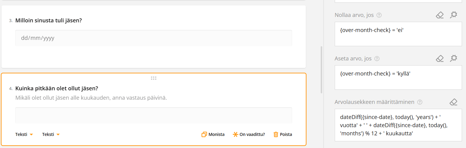 Kuvakaappaus jäsenyyslomakkeesta, jonka kentissä kysytään liittymispäivää ja jäsenyyden kestoa.