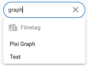 Sökfält som visar ”graph” med rullgardinsförslag för företag: ”Pixi Graph” och ’Test’.