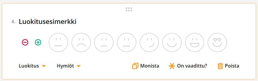 Kuvakaappaus hymiöihin perustuvasta arviointiasteikosta, joka vaihtelee vihaisista kasvoista hymyileviin kasvoihin, joissa on sydämet silminä.