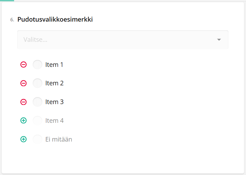 Kuvakaappaus web-käyttöliittymästä, jossa näkyy pudotusvalikko ja vaihtoehtoja: Item 1, Item 2, Item 3, Item 4 ja Ei mitään.