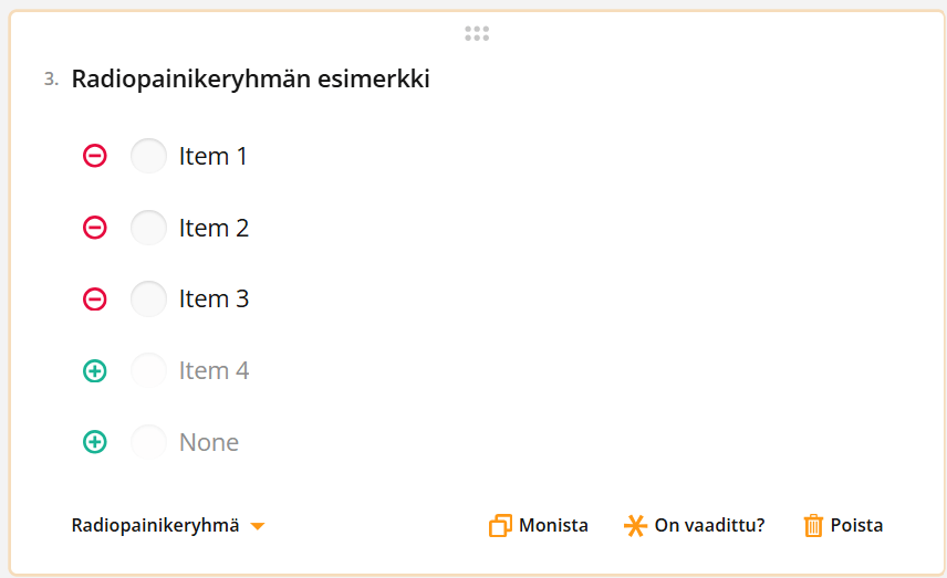 Kuvakaappaus radiopainikeryhmästä, jossa on viisi vaihtoehtoa, neljä punaista ja kaksi vihreää, joista yksikään ei ole valittuna.