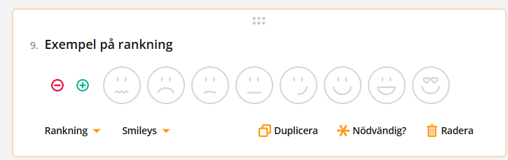 Skärmdump av en smileybaserad betygsskala som sträcker sig från ett argt ansikte till ett leende ansikte med hjärtan i stället för ögon.