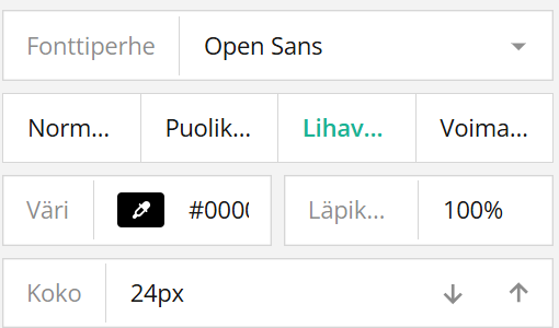 Käyttöliittymä, jossa näkyvät fonttivaihtoehdot: fonttiperhe (Open Sans), tyylit, väri (musta), läpinäkyvyys (91 %) ja koko (24px).