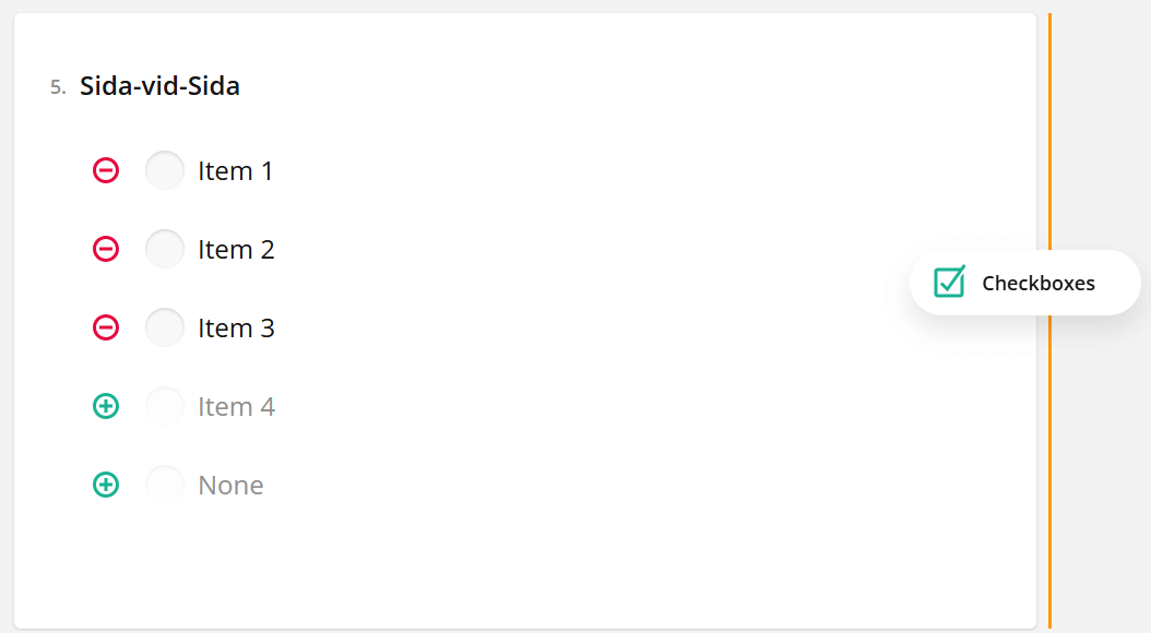 Skärmdump som visar en del av ett gränssnitt med alternativ märkta Item 1 - 4, och en vald ”Checkboxes”-funktion över den orange linjen till höger i bilden.