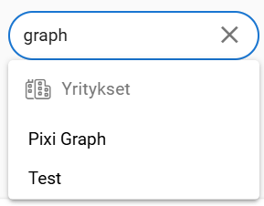 Hakupalkki näyttää ”graafin”, jossa on pudotusvalikosta löytyviä yritysehdotuksia: ”Pixi Graph” ja ‘Test’.