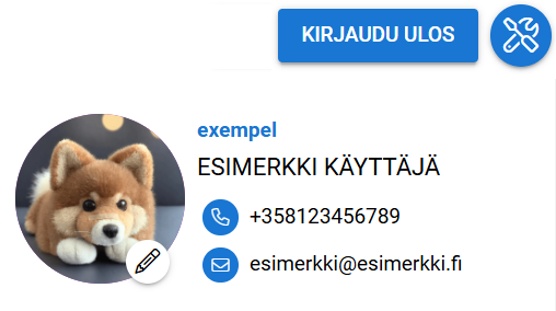 Profiilikortti, jossa lukee ”EXAMPLE USER” ja pehmokoiran avatar, yhteystiedot ja ”KIRJAUDU ULOS” -painike yläkulmassa.