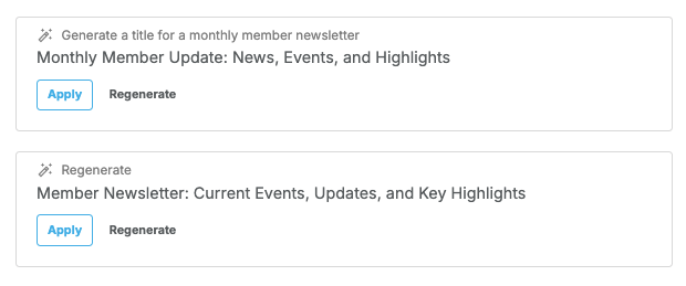 Screenshot of a digital interface featuring options to generate titles for a monthly member newsletter.
