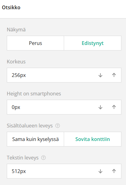 Kuvakaappaus käyttöliittymästä, jossa on korkeuden, älypuhelimen korkeuden, sisältöalueen ja tekstin leveyden asetukset.