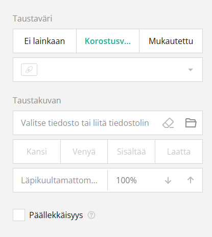 Käyttöliittymä tausta- ja korostusvärien valitsemiseen, taustakuvien lataamiseen, peittävyysasetusten säätämiseen ja päällekkäisyysasetuksen vaihtamiseen.