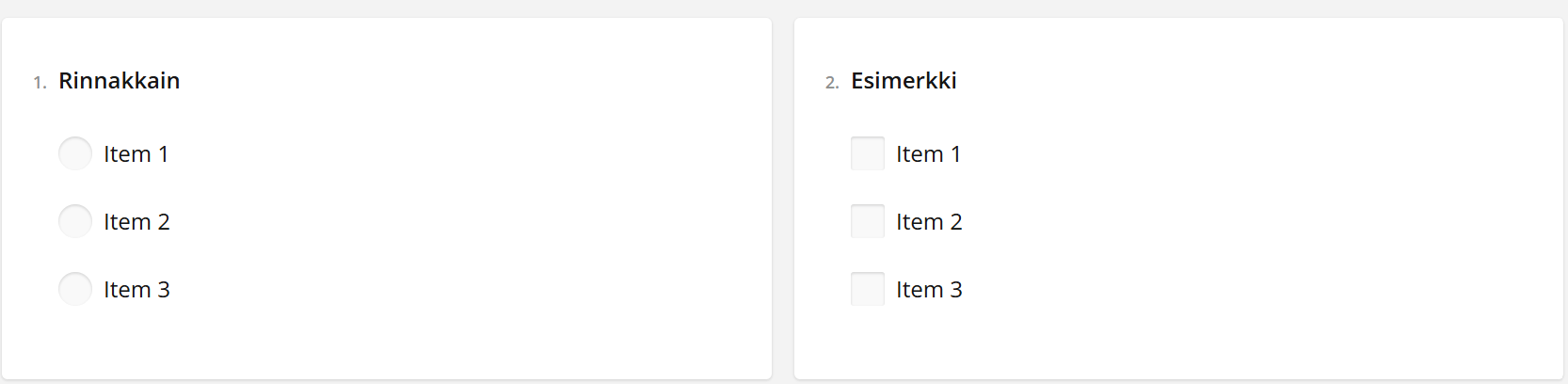 Kaksi kysymystä otsikoilla "1. Rinnakkain" ja "2. Esimerkki", joissa kummassakin on kohdat 1-3 ja erilaiset painikkeet