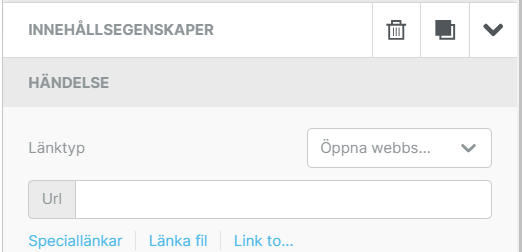 En skärmdump av en panel för innehållsegenskaper med alternativ för länktyp och URL-inmatning med platshållartext.