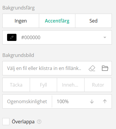 Användargränssnitt för val av bakgrunds- och accentfärger, uppladdning av bakgrundsbilder, justering av opacitetsinställningar och växling av överlappningsinställning.
