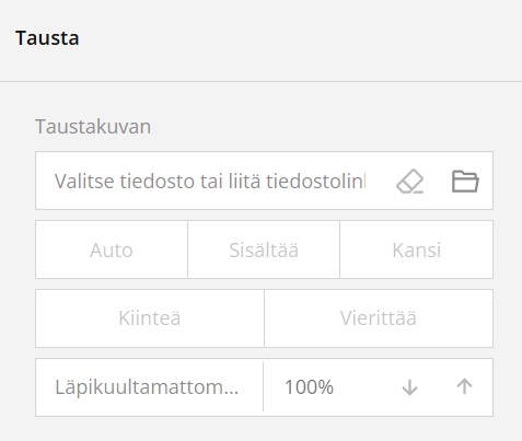 Kuvakaappaus taustakuvan valintaan tarkoitetusta käyttöliittymästä, jossa on vaihtoehtoja automaattiselle, sisältävälle, peittävälle, kiinteälle, vierittävälle ja peittävyyden säätämiselle.