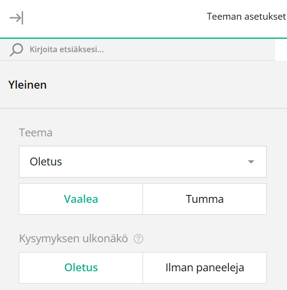 Kuvakaappaus käyttöliittymästä, jossa on teema-asetukset ja joka tarjoaa vaalean tai tumman tilan ja kysymyksen ulkonäköasetukset.