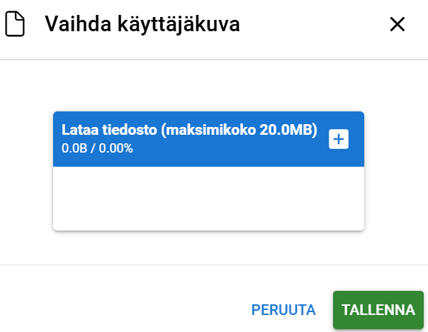 ”Muuta profiilikuvaa” -valintaikkuna, jossa on latausosio, jossa on tiedostokokorajoitus ja vaihtoehtoja muutosten peruuttamiseen tai tallentamiseen.