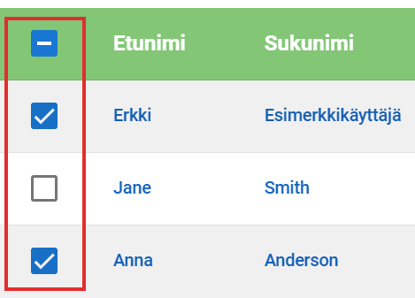 Taulukko, jossa on lista nimistä ja valintaruuduista; sisältää kolme nimeä ja yhden vaihtoehdon valittujen merkintöjen poistamiseksi.