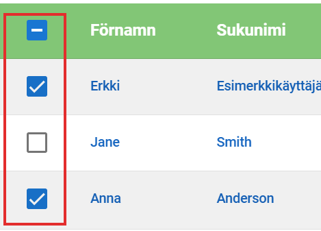 En tabell som visar en lista med namn med kryssrutor; innehåller tre namn och ett alternativ för att ta bort valda poster.