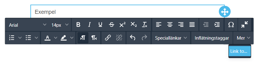 Ett verktygsfältgränssnitt med textformateringsalternativ som teckenstorlek, fetstil, kursiv stil och länkverktyg, märkt ”Example”.