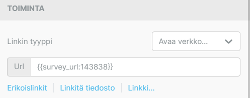 Kuvakaappaus sisällön ominaisuuksien paneelista, jossa on linkin tyypin ja URL-osoitteen syöttövaihtoehtoja sekä sijoitustekstiä.