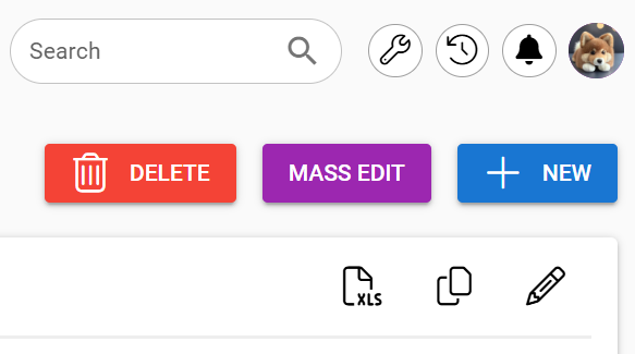 CRM system visible with buttons in three rows, the middle of which contains buttons Delete, Mass Edit and +New