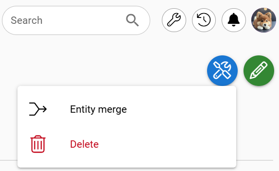 Menu options for entity management, including "Entity merge" and "Delete", with icons for tools, notifications, and profile.