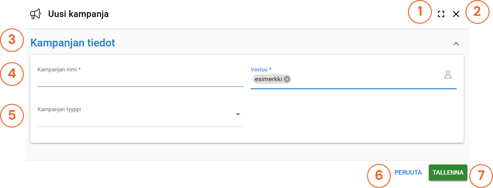 CRM-järjestelmän näkymä tietueen luomiseen jossa näkyvillä otsikko, sisältölohko ja kontrollipainikkeet