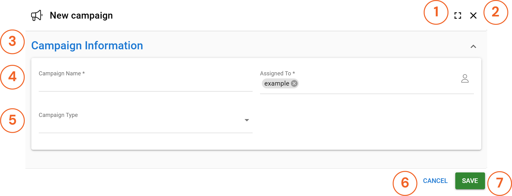CRM system view for creating an entity showing the title, content block and control buttons