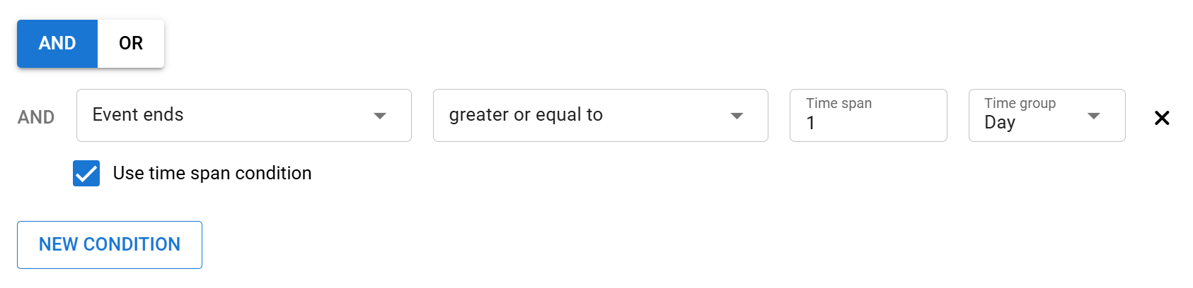 Screenshot of the interface showing event management conditions, logical operators and time period settings.